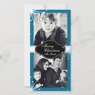 Merry Christmas Family Two Photo Card White Blue