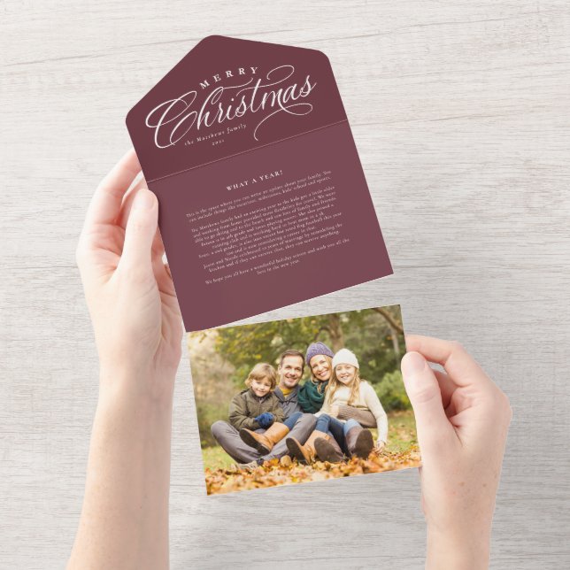 Merry Christmas family update maroon red trifold All In One Invitation (Tearaway)