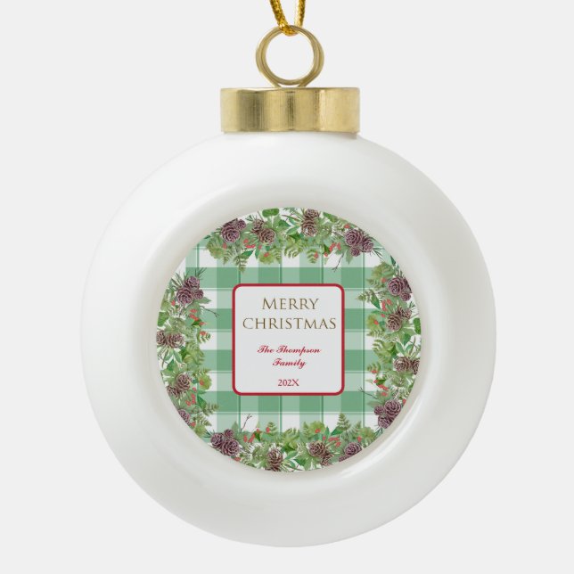Merry Christmas Family Wishes Pine Bough Red Bloom Ceramic Ball Christmas Ornament (Front)
