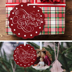 Merry Christmas Fancy Script Photo Custom Colour Ornament Card