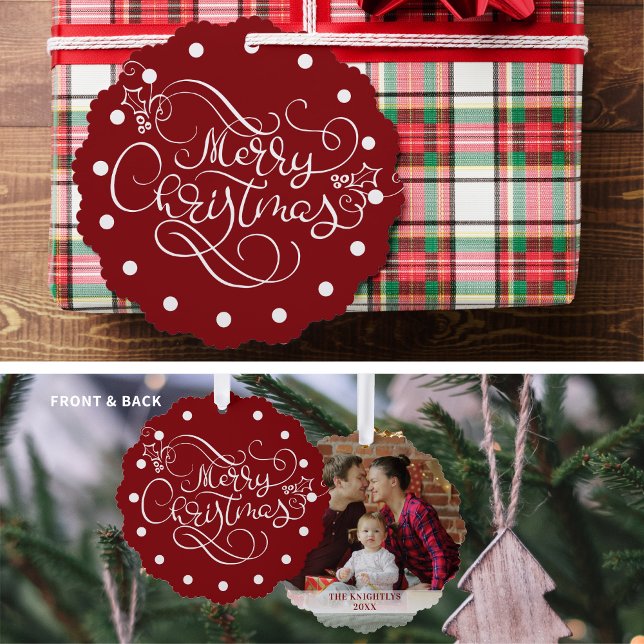 Merry Christmas Fancy Script Photo Custom Colour Ornament Card (Creator Uploaded)