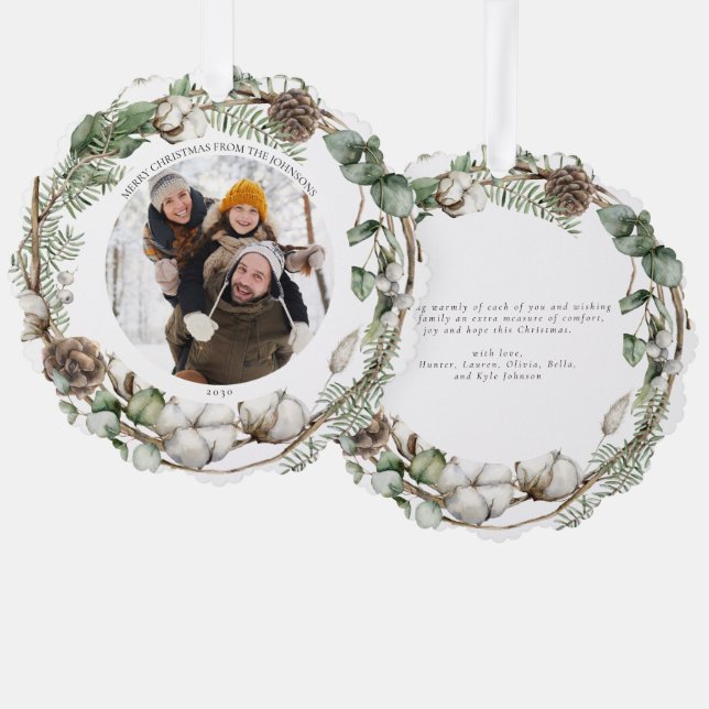 Merry Christmas Farmhouse Greenery Photo Wreath Ornament Card (Front/Back)