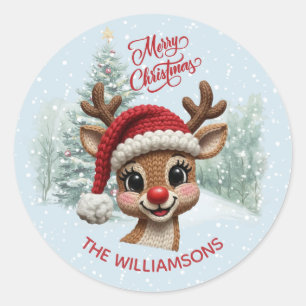 Merry Christmas Faux Crochet Reindeer Snow Classic Round Sticker