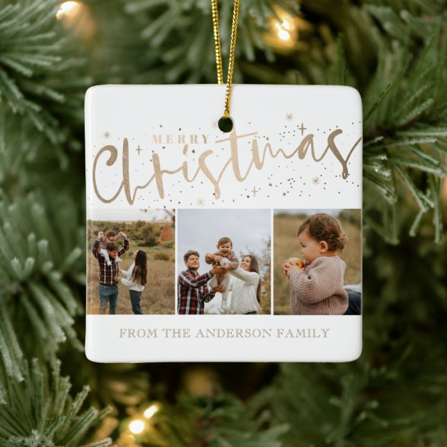 Merry Christmas Faux Gold 3 Photo Christmas  Ceramic Ornament (Tree)
