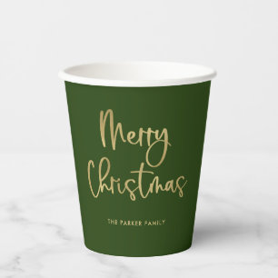 Merry Christmas Faux Gold Casual Script on Green Paper Cups