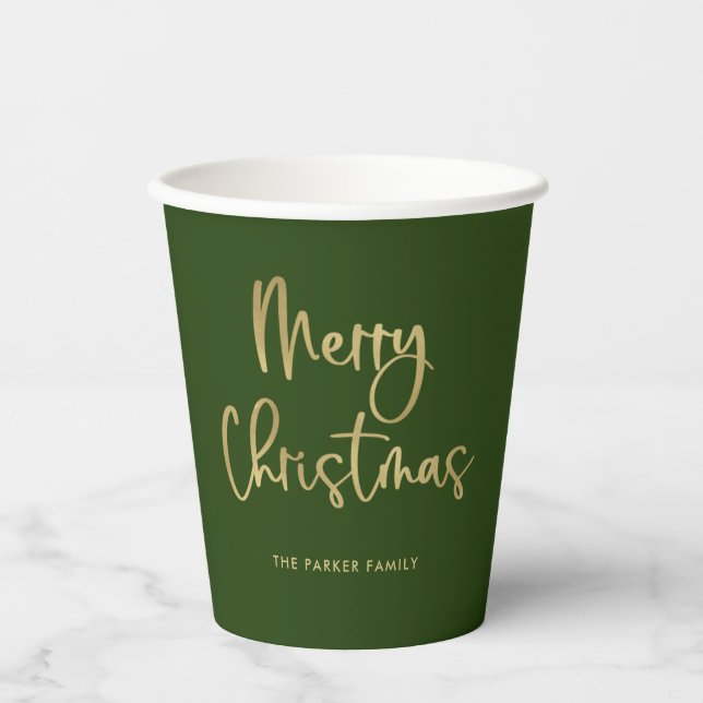 Merry Christmas | Faux Gold Casual Script on Green Paper Cups (Front)