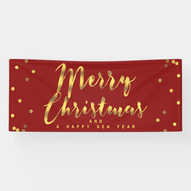 Merry Christmas Faux Gold Confetti Red Banner (Horizontal)