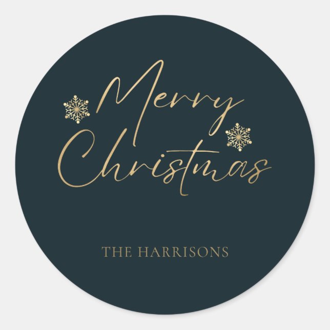 Merry Christmas Faux Gold Foil Navy Casual Script Classic Round Sticker (Front)