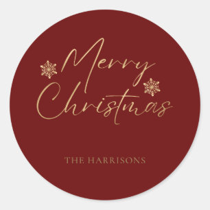 Merry Christmas Faux Gold Foil Red Casual Script Classic Round Sticker