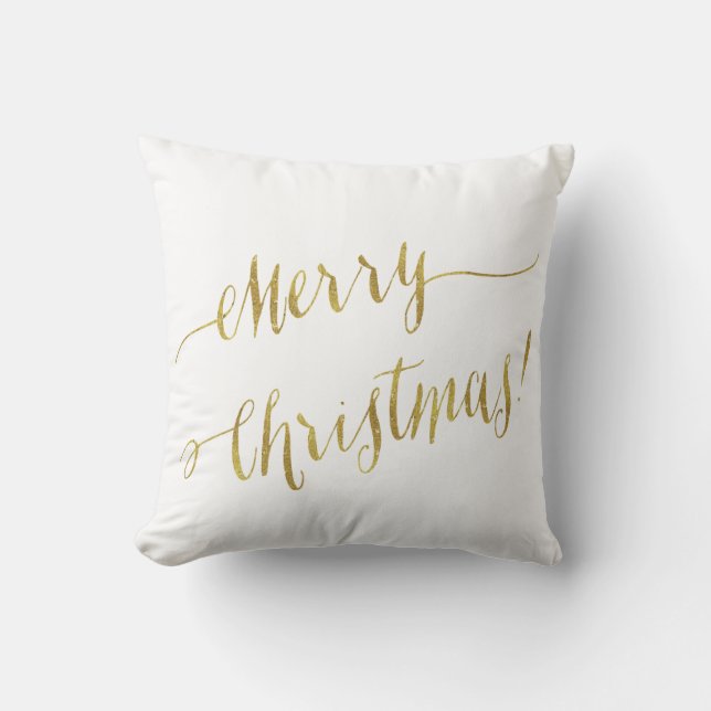 Merry Christmas Faux Gold Foil Script Lettering Throw Pillow (Front)