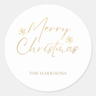 Merry Christmas Faux Gold Foil White Casual Script Classic Round Sticker