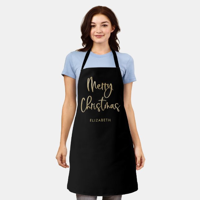 Merry Christmas | Faux Gold on Black Casual Script Apron (Worn)