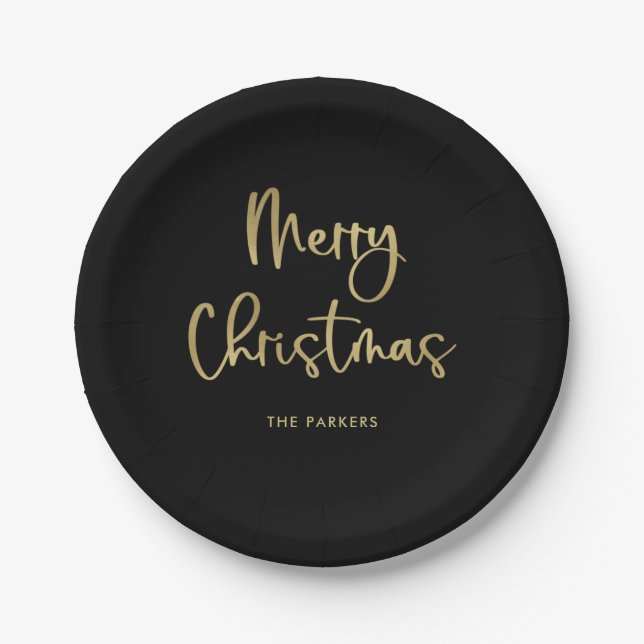 Merry Christmas | Faux Gold on Black Casual Script Paper Plate (Front)