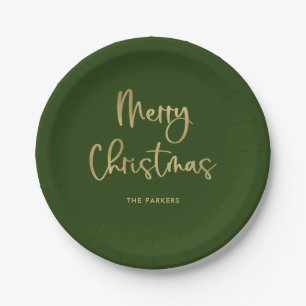 Merry Christmas   Faux Gold on Green Casual Script Paper Plate