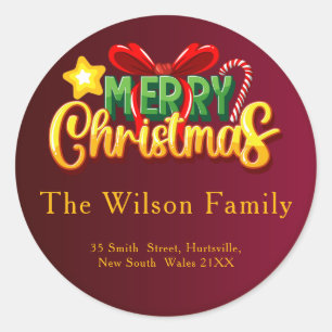 Merry Christmas   Faux Gold on Red Casual Script  Classic Round Sticker