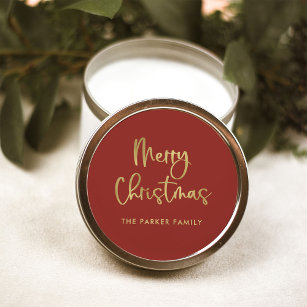 Merry Christmas   Faux Gold on Red Casual Script Classic Round Sticker