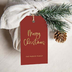 Merry Christmas Faux Gold on Red Casual Script Gift Tags