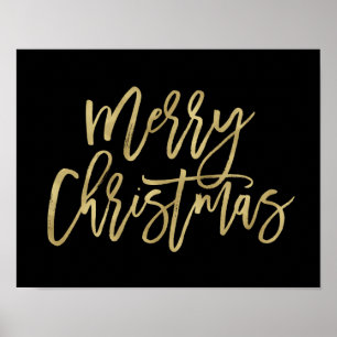 Merry Christmas   Faux Gold Typography on Black Poster