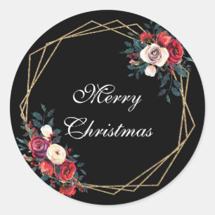 Merry christmas faux gold winter florals red classic round sticker