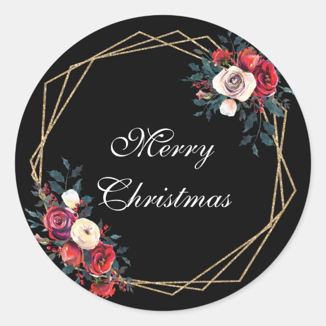 Merry christmas faux gold winter florals red classic round sticker (Front)