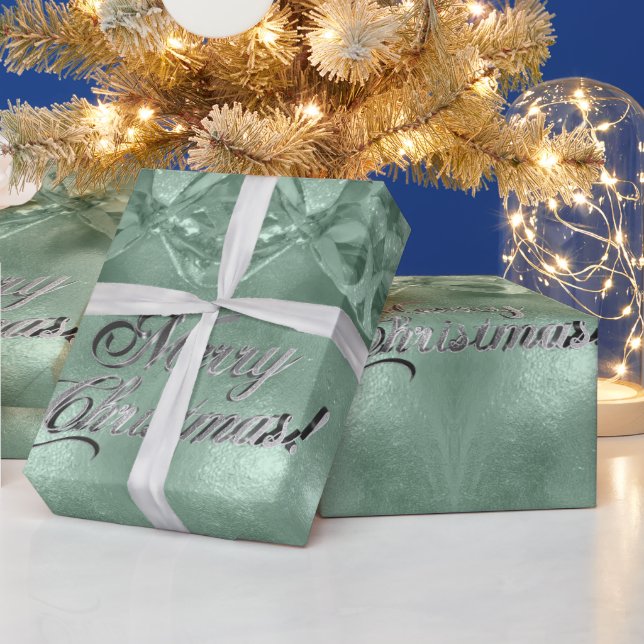 Merry Christmas Faux Silver Foil Script Green Wrapping Paper (Holidays)