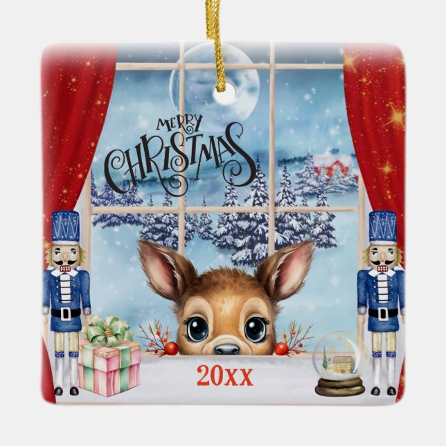 Merry Christmas - Fawn Peeking Through Window Ceramic Ornament (Front)