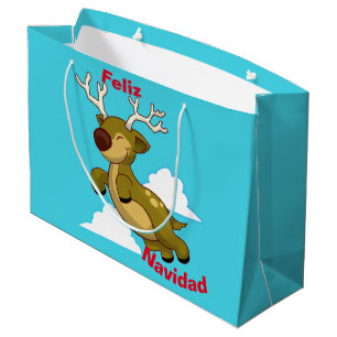 Merry Christmas - Feliz Navidad Flying Reindeer Large Gift Bag