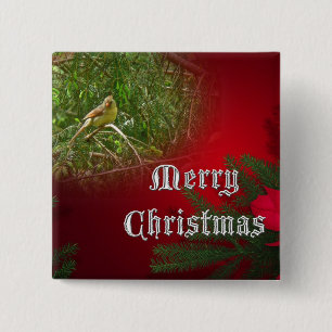 Merry Christmas Female Cardinal Songbird 2 Inch Square Button