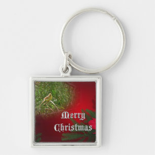 Merry Christmas Female Cardinal Songbird Keychain