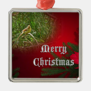 Merry Christmas Female Cardinal Songbird Metal Ornament