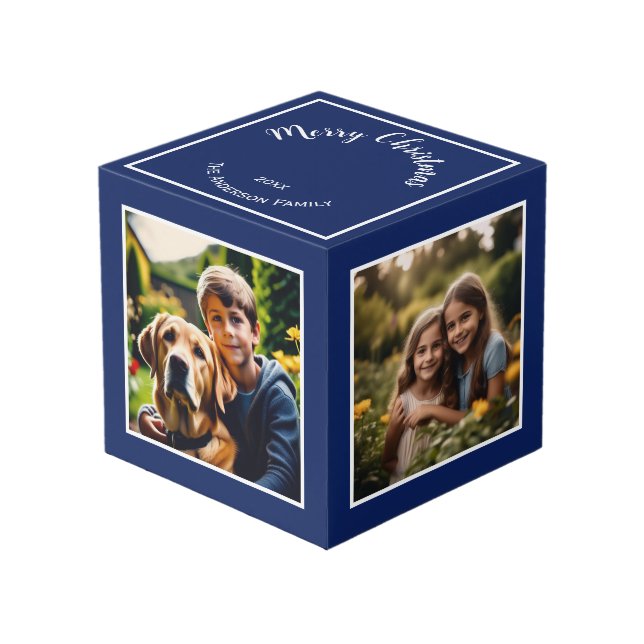 Merry Christmas Festive Blue Custom Photo Cube (Front Angled)
