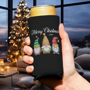 Merry Christmas Festive Colorful Gnomes Black Seltzer Can Cooler