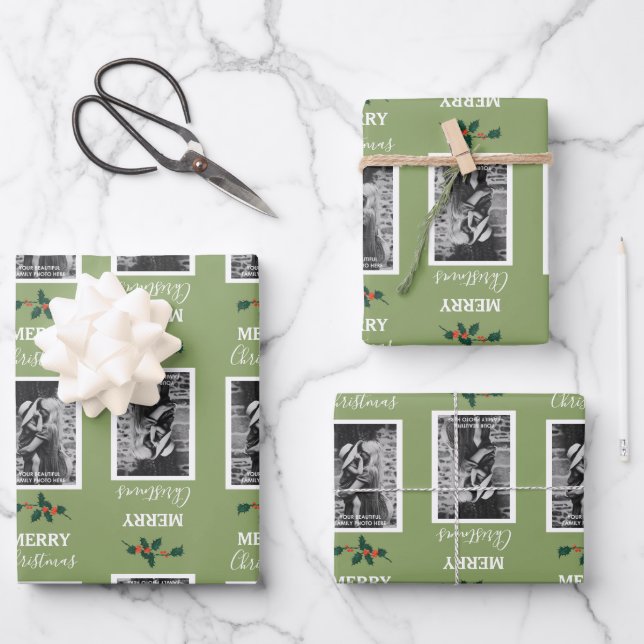 Merry Christmas Festive Customized Photo - Green Wrapping Paper Sheet (Front)