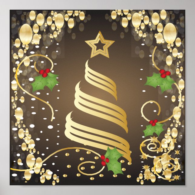 Merry Christmas Festive Earthtone Brown and Gold Poster (Front)