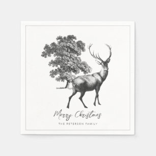 Merry Christmas Festive Elegant Black White Deer  Napkin