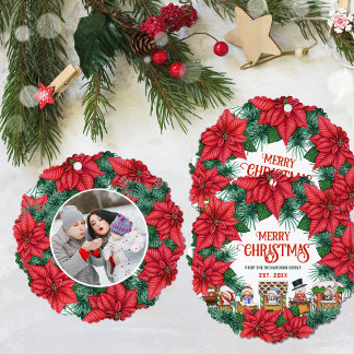Merry Christmas Festive Floral Custom Name Photo Ornament Card