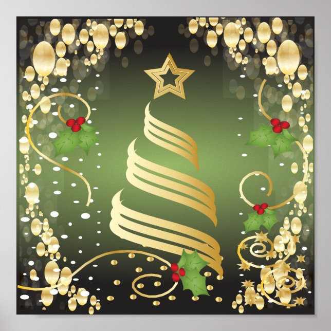 Merry Christmas Festive Green and Gold Poster (Front)