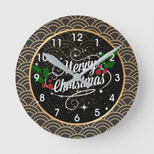 Merry Christmas, festive holiday design, Round Clo Round Clock (Front)