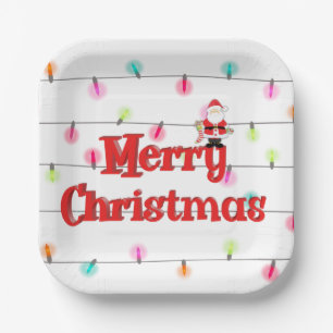 Merry Christmas Festive Holiday Lights with Santa  Paper Plate