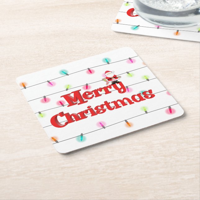 Merry Christmas Festive Holiday Lights with Santa  Square Paper Coaster (Angled)