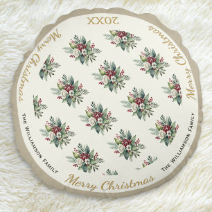Merry Christmas Festive Holiday Watercolor Floral Round Pillow