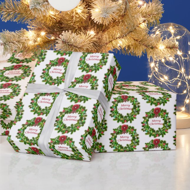 Merry Christmas Festive Holiday Wreath Pattern Wrapping Paper (Holidays)