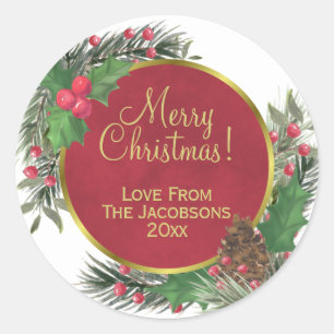 Merry Christmas! Festive Holly & Pine Holiday Classic Round Sticker