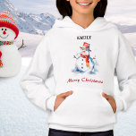 Merry Christmas Festive Personalized Snowman<br><div class="desc">This cute and festive Christmas hoodie features a watercolor-style picture of a cheerful snowman,  with 'Merry Christmas' greeting in red script typography. Add the recipient's name to the design (click 'Personalize' to enter the name you would like). The 'Merry Christmas' greeting also appears on the back of the hoodie.</div>