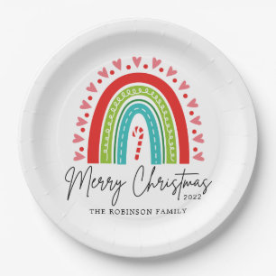 Merry Christmas Festive Rainbow Candy Cane Heart Paper Plate