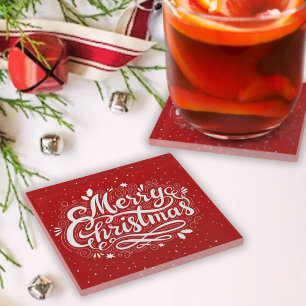 Merry Christmas Festive Red and White Glass Coaster