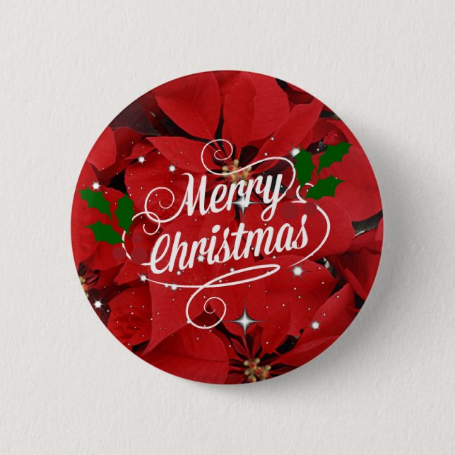 Merry Christmas, festive red poinsettias 2 Inch Round Button (Front)