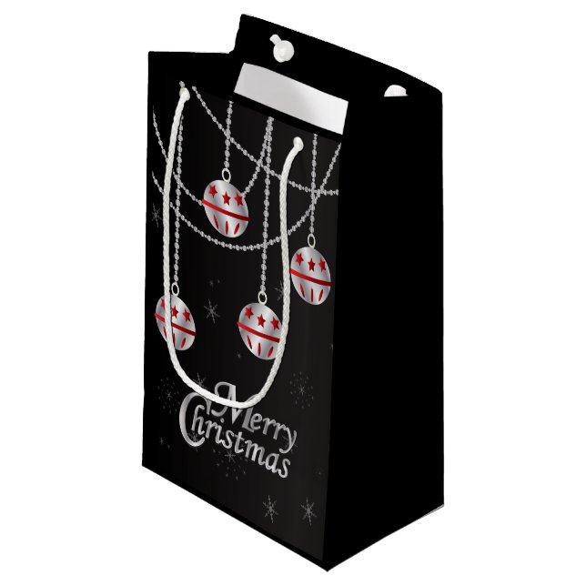 Merry Christmas Festive Silver and Red Ornaments Small Gift Bag (Front Angled)