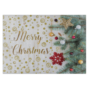 Merry Christmas Festive Tree Gold Circles Cutting Board