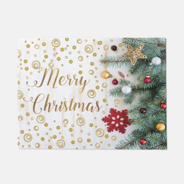 Merry Christmas Festive Tree Gold Circles Doormat (Front)